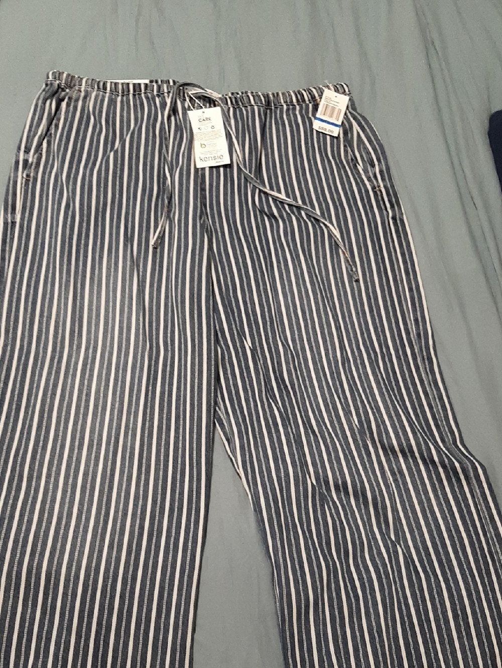 Kensie Womens Navy and White Vertical Stripe Drawstring Soft  Denim Pants XL New